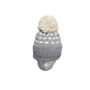 Lauren Moffatt Gray & Cream 100% Wool Polka Dot Knit Beanie With Pom-Pom One Siz